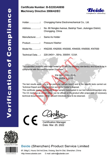 China Chongqing Kena Electromechanical Co., Ltd. certificaten